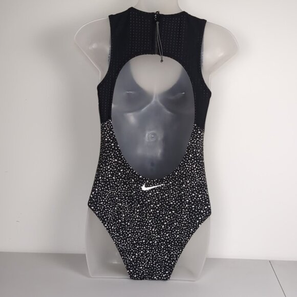 Nike Spotted One Piece Swimsuit Sporty Athletic Mesh Open Back Keyhole Black - Picture 8 of 14